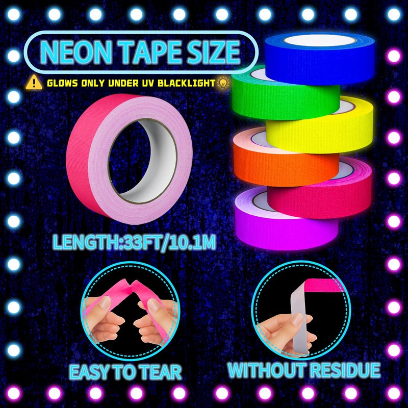 SWRT Neon Gaffer Cloth UV Blacklight Tape for Christmas Decor, 6 Rolls Multi-Color UV Fluorescent Glow in The Dark Tape for Party Decoration, Dance Floors, UV Party (0.6 inch x 33 feet) - Image 2